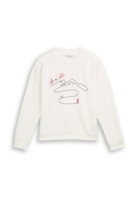 Weißer Pullover mit langen Ärmeln, mit einer minimalistischen Berg- und Skipisten-Linienzeichnung und rotem Schriftzug "Après Ski" auf der Vorderseite.