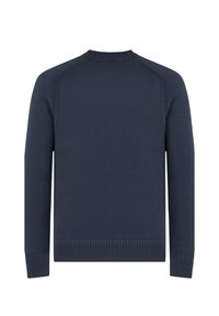 Maglione blu navy realizzato in tessuto a maglia coste, caratterizzato da scollo tondo, maniche lunghe e orlo aderente con dettaglio a coste.