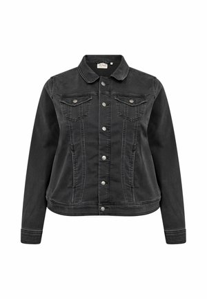 Crna traper jakna s prednjim kopčanjem na dugmad, dva džepa na prsima s preklopima i dugmadima, dugim rukavima i klasičnom ovratnikom.