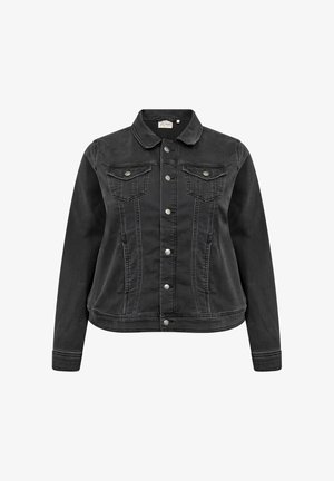 Chaqueta de mezclilla negra con cierre frontal de botones, dos bolsillos con solapa en el pecho con botones, mangas largas y un cuello clásico.