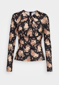 Maglietta a maniche lunghe con sfondo nero e motivo floreale in toni beige e marrone; presenta un davanti arricciato e un dettaglio a chiave sul retro.