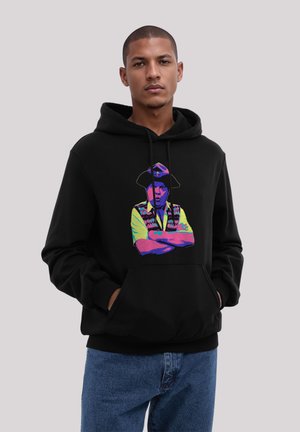 Black hoodie with a graphic print of a colorful figure wearing a pirate hat. Soft fabric, kangaroo pocket, and adjustable drawstring hood.