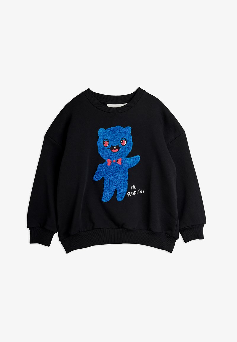 Sweat-shirt noir avec un ours bleu texturé portant un nœud papillon rouge et saluant, avec le texte « M Rodini » sur le devant.