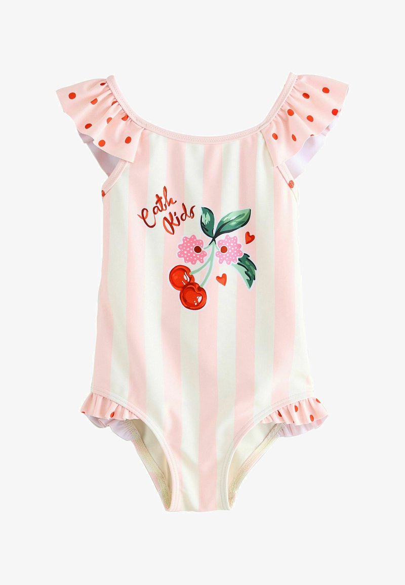 Costume da bagno a righe rosa e bianco per bambini piccoli con maniche a balze, pois rossi, stampa di ciliegie e fiori e testo "Cath Kids" sulla parte anteriore.