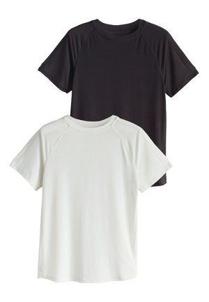 To ensfarvede kortærmede t-shirts med rund halsudskæring, en sort og en hvid, vist på en hvid baggrund.