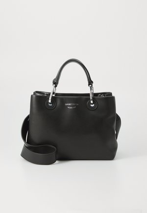 Black leather handbag with short handles and a detachable shoulder strap. Features silver hardware and embossed logo on the front.