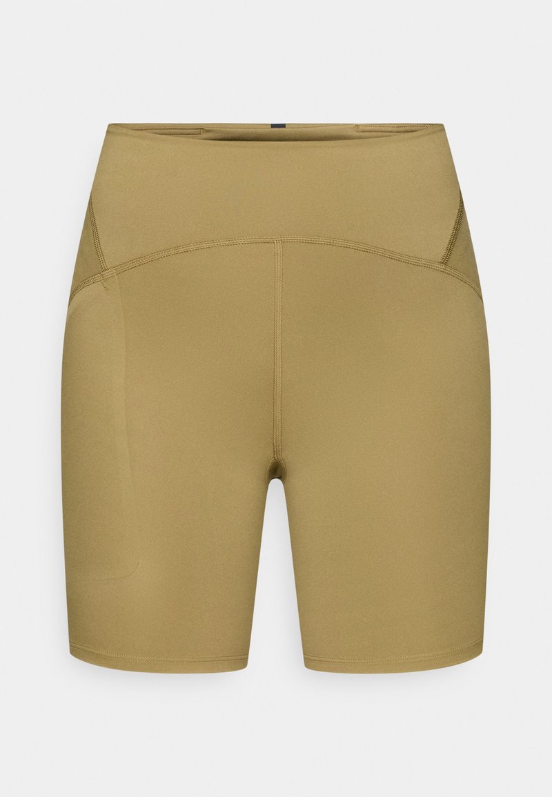 Höga shorts i ljus olivgrön färg, tillverkade av stretchigt tyg. Har släta sömmar och en jämn yta utan fickor.