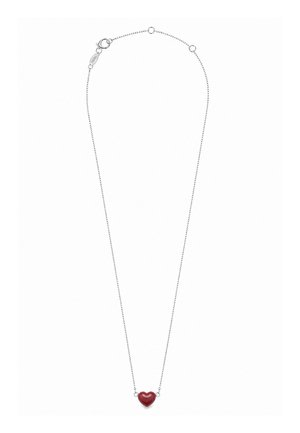 Silver chain necklace with a small red heart-shaped pendant centered at the bottom.