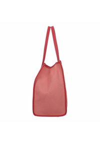 Röd tote-väska med en slät, något genomskinlig kropp och kontrasterande röd sömmar, med två hållbara axelremmar och en strukturerad form.