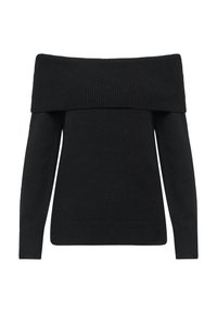 Schwarzer, schulterfreier Pullover mit geripptem Ausschnitt und Bündchen, aus weichem Strickmaterial gefertigt, mit langen Ärmeln und bequemer Passform.