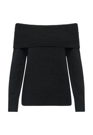 Maglione nero off-the-shoulder con scollo e polsi a costine, realizzato in morbido materiale a maglia, con maniche lunghe e vestibilità comoda.