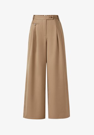 Beige broek met hoge taille en wijde pijpen, voorzien van voorkleppen, een zijzak met knoop, ceintuurlussen en een knoopsluiting in de tailleband.