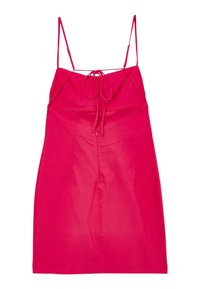 Fuchsie šaty bez rukávů s tenkými ramínky, detailem na zavázání vpředu a přiléhavým střihem. Mají texturovanou tkaninu a strukturované záševky.