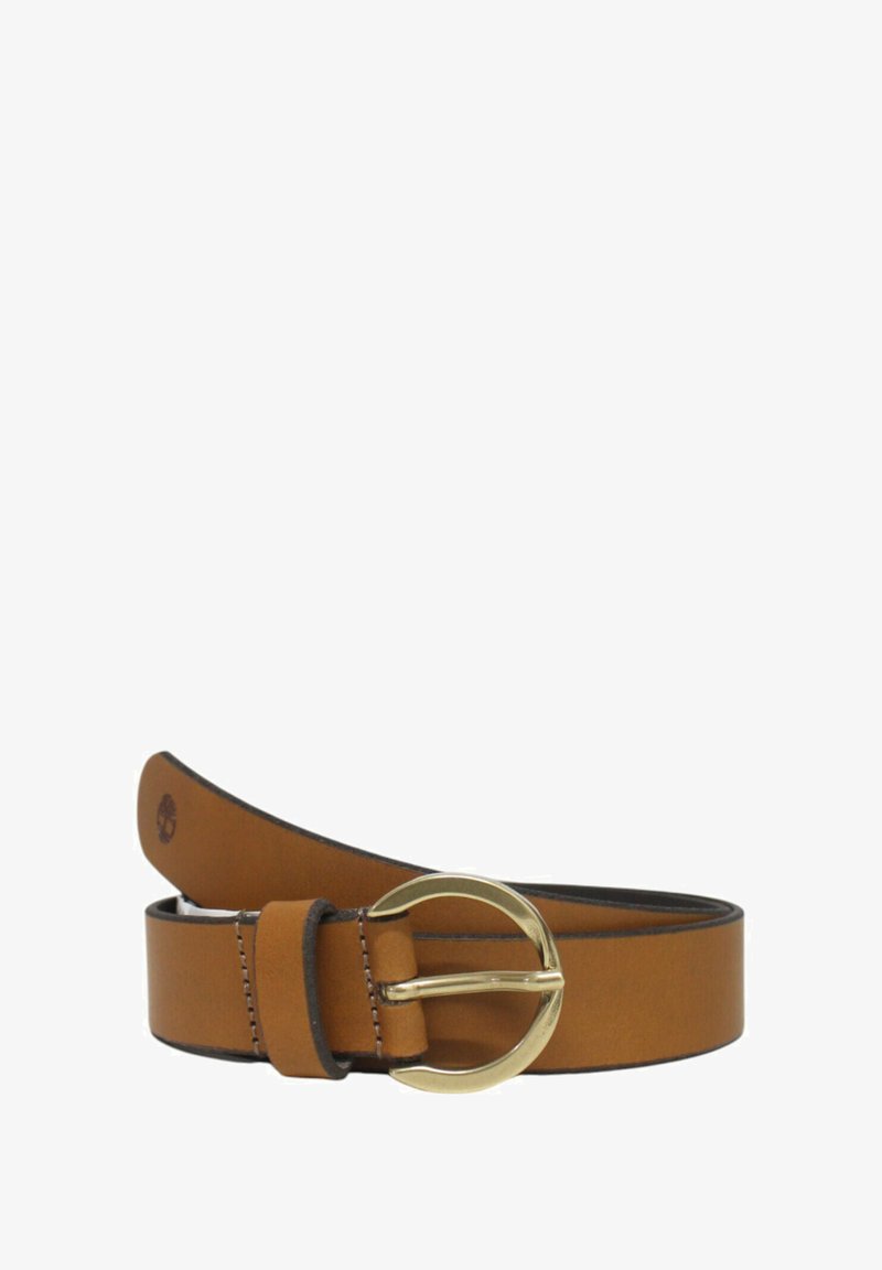 Cintura in pelle marrone con finitura liscia, dotata di una fibbia circolare dorata e un bordo cucito lungo la cintura.