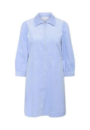 Abito in corda blu chiaro con zip frontale, colletto e maniche arricciate, che presenta una vestibilità comoda e un motivo a righe verticali.