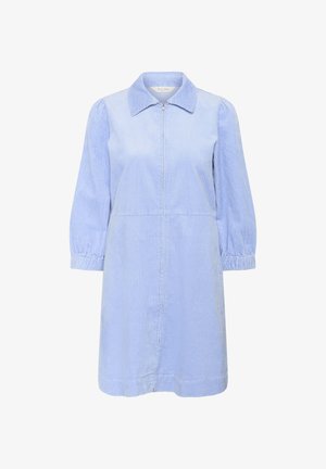 Hele helesinimine suu korduroo kleit, millel on tõmblukuga esiosa, kraega kaelus ja kogutud käised, esitades lõdva istuvuse ja vertikaalsed riba mustrid.