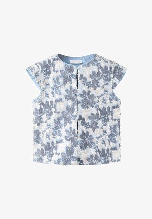 Blusa azzurra senza maniche con scollo tondo, bottoni davanti e ricamo di paillettes floreali bianche e grigie intricati.