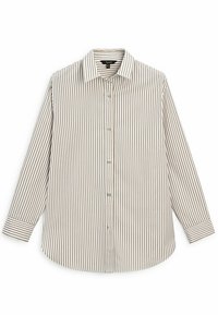 Knapp-up skjorta med klassisk krage, med vertikala beige och bruna ränder. Tillverkad av mjukt tyg, har långa ärmar med knäppning vid ärmsluten.