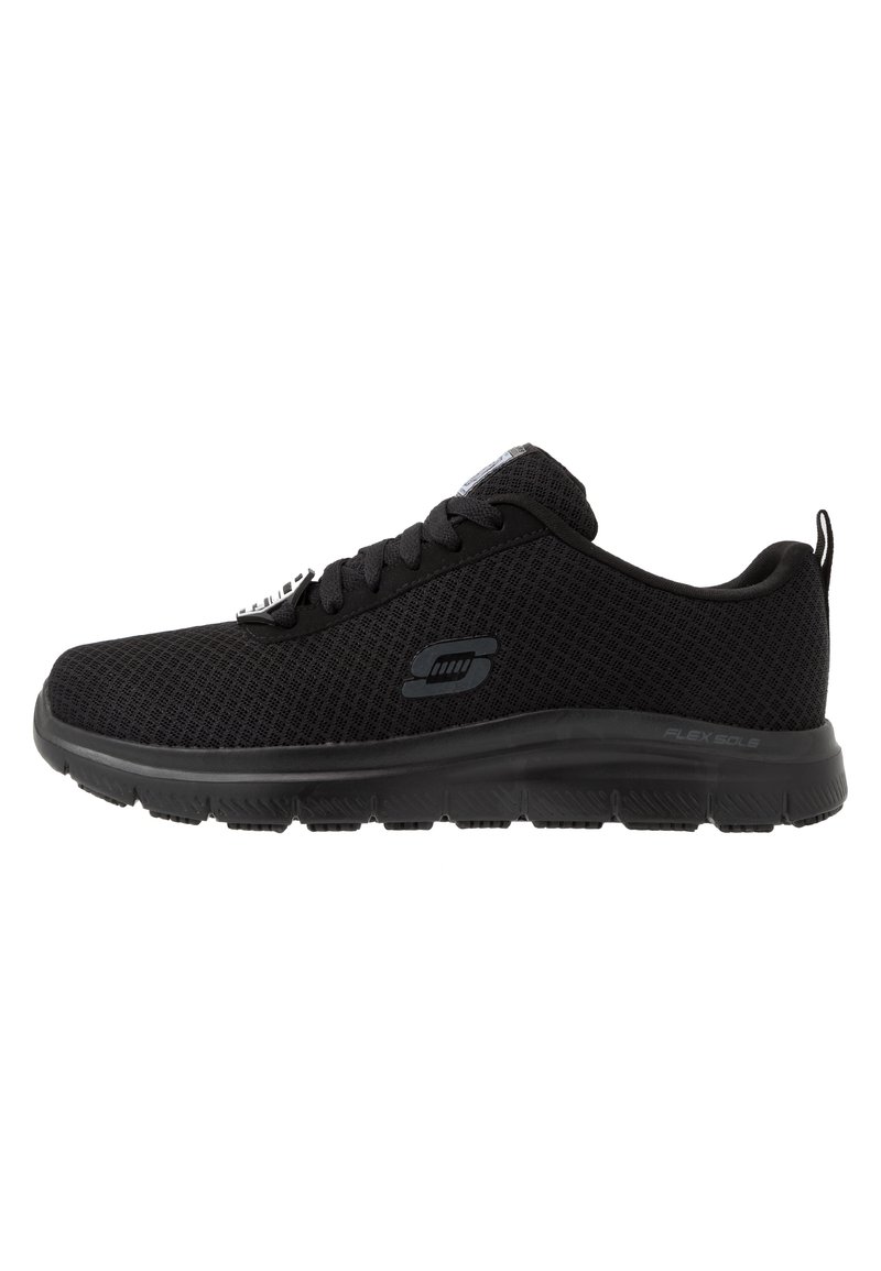 Black athletic shoe with a breathable mesh upper, lace closure, and a cushioned black rubber sole. Features a logo on the side.