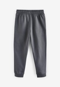 Grijze trainingsbroek met een elastische tailleband, taps toelopende benen en ribgebreide boorden, gemaakt van zacht materiaal voor comfort en flexibiliteit.