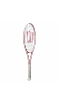Pink Wilson tennis racket with a white grip, oval head, and a red logo. Features a stringed pattern within the head and a slender, smooth frame.