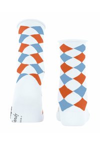 Weisse Socken mit einem Argyle-Muster in Hellblau und Orange, mit gerippten Bündchen und verstärkten Zehenbereichen. Markenlogo auf der Seite aufgedruckt.