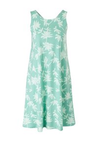 Mintgrünes ärmelloses Kleid aus weichem Stoff, das ein weißes Palmenmuster aufweist und eine lockere A-Linie-Silhouette hat.