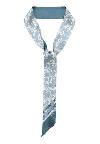 Silk scarf featuring a light blue and white floral pattern, with a solid blue accent at the top and a pointed end. Smooth texture.