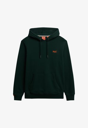 Dark green hoodie with a kangaroo pocket, adjustable drawstring hood, and small orange logo on the chest. Soft fabric texture.