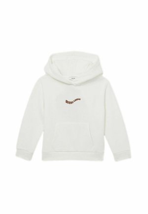 Biela mikina s kapucňou a predným vreckom, s hnedým vyšívaným textom "REISS LONDON" na hrudi. Mäkká tkanina, ležérny dizajn.