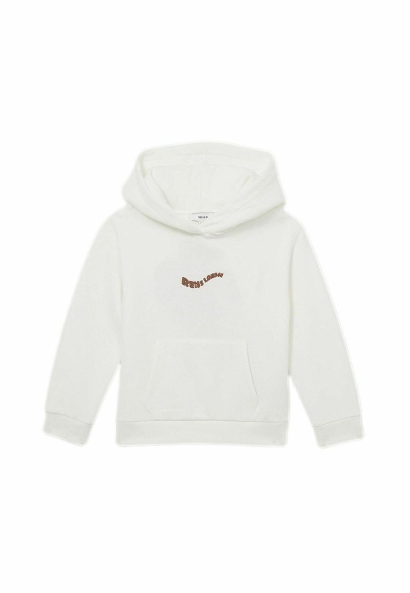 Biela mikina s kapucňou a predným vreckom, s hnedým vyšívaným textom "REISS LONDON" na hrudi. Mäkká tkanina, ležérny dizajn.