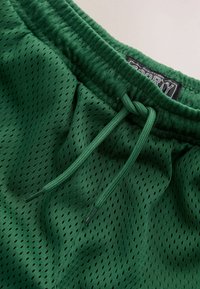Gröna nätshorts med dragsko i midjan, små perforeringar för andningsförmåga och en slät textur. Svart etikett synlig.
