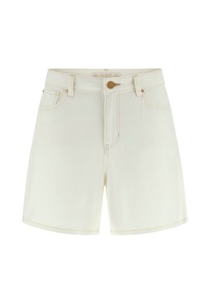 Short en denim blanc taille haute avec bouton devant, passants de ceinture et poches avant, présenté sur un fond blanc uni.