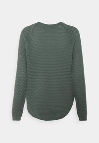 Pull à manches longues tricoté de couleur vert foncé avec un motif gaufré texturé et un ourlet arrondi, présenté de dos sur un fond blanc.
