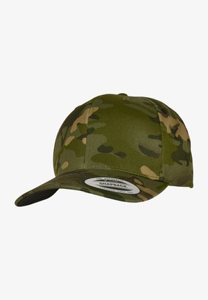 Camo snapback cap in shades of green and brown. Features a stiff visor and adjustable back with a circular label on the front.