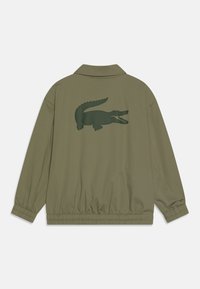 Giacca bomber verde oliva con collo e polsi elasticizzati. Presenta una grafica di coccodrillo verde scuro sul retro. Tessuto morbido e leggero.