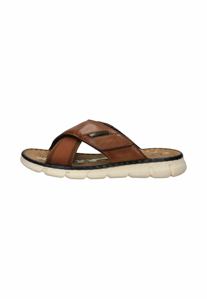 Brune lærslide sandal med krydsseler, polstret sål og en fleksibel hvid gummisål, med en struktureret fodseng.