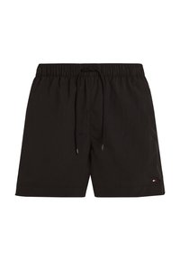 Svart svømmeshorts laget av lett stoff, med elastisk midjebånd, snøring og en liten logo på nederste side.
