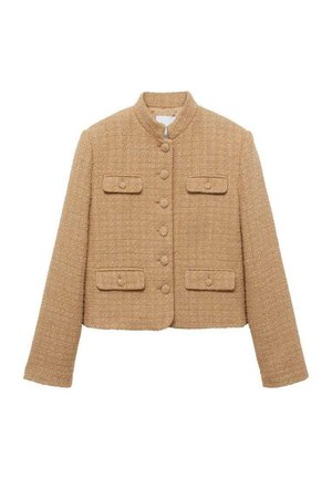 Chaqueta recortada de color marrón claro con textura, de mangas largas, cuello redondo y bolsillos frontales; presenta cierres de botón y un diseño de tela tejida.