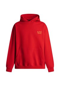 Κόκκινο φούτερ με κουκούλα, εμπρόσθια τσέπη και μικρό κίτρινο κείμενο "Red Bull Racing" στο αριστερό στήθος.