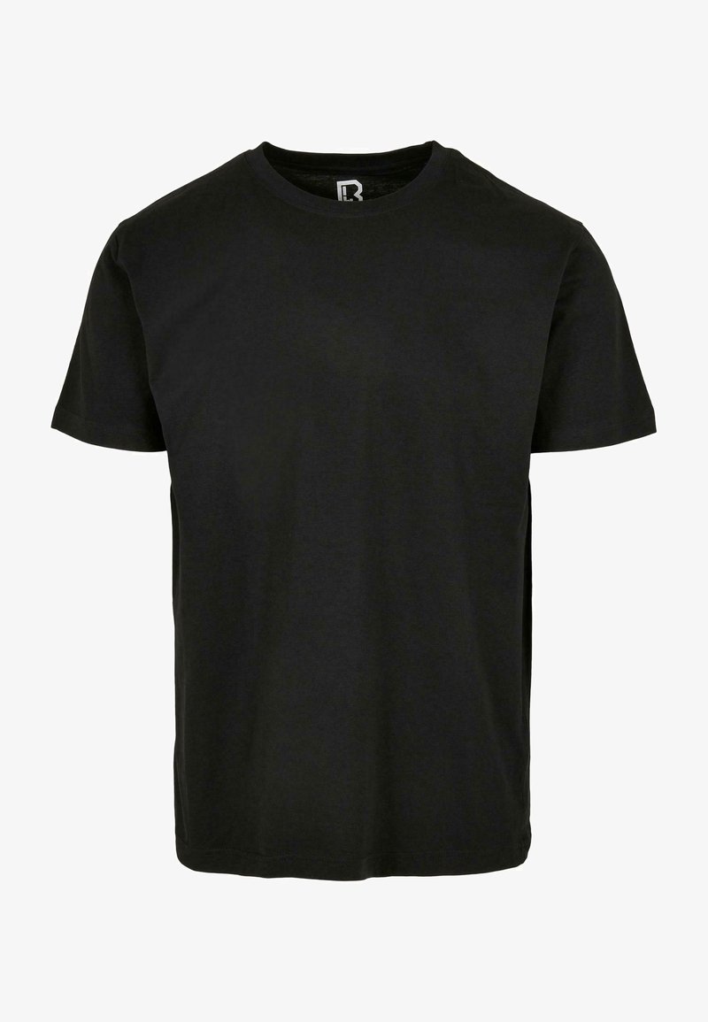 Tricou negru cu mâneci scurte, din bumbac. Are un guler rotund și un croi drept, fără modele sau accente vizibile.