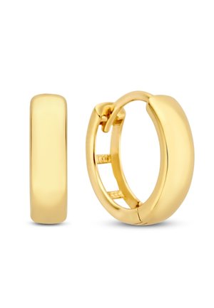 Paar glatter, polierter goldener Creolen mit einem Scharnierverschluss, gezeigt aus Front- und Seitenansicht vor weißem Hintergrund.