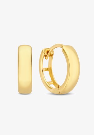 Paire de boucles d'oreilles créoles en or lisse et poli avec un fermoir à charnière, présentées de face et de côté sur un fond blanc.