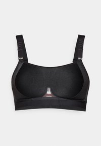 Sutien sport negru cu un design fără cusături, material texturat, bretele ajustabile și un detaliu cu logo în centrul benzii de sub.