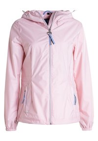 Vaaleanpunainen kevyt takki hupulla, jossa on etuvetoketju, kaksi sivutaskua sinisillä yksityiskohdilla ja joustavat hihansuut tiukkaan istuvuuteen.