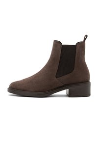 Brown suede ankle boot with elastic side panels, rounded toe, and a low block heel. Features a looped pull tab at the back for easy wear.
