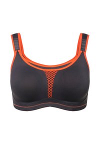 Sujetador deportivo de tejido oscuro con acentos en naranja brillante. Diseñado con un panel de malla en el centro y tirantes ajustables.