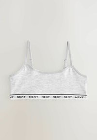 Sivi pamučni bralet s rastezljivim pojasom koji sadrži crno-bijeli logo "NEXT". Podesive naramenice i glatka tekstura. Jednostavan dizajn.