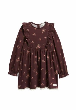 Robe bordeaux à manches longues avec imprimé floral rose, épaules volantées, taille froncée, poignets élastiques et bordure en dentelle à l'ourlet pour enfant.