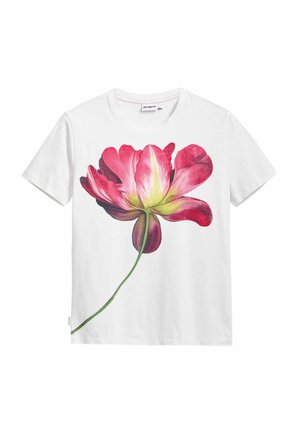Biała bawełniana koszulka z krótkim rękawem, z dużym, kolorowym różowym wzorem kwiatu z zielonym detalem łodygi z przodu. Kołnierz typu crew neck.